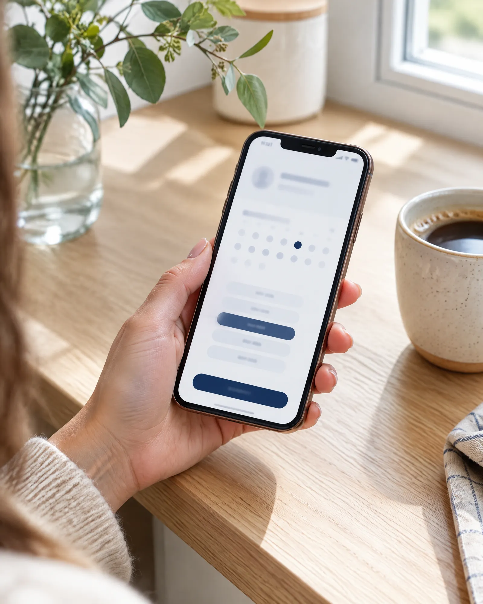 A hand holding a phone with an appointment booking screen, next to a coffee cup