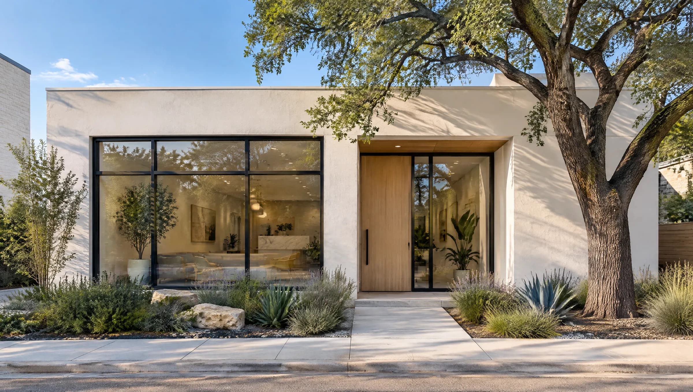 The studio's entrance on South Lamar, with a live oak and desert landscaping