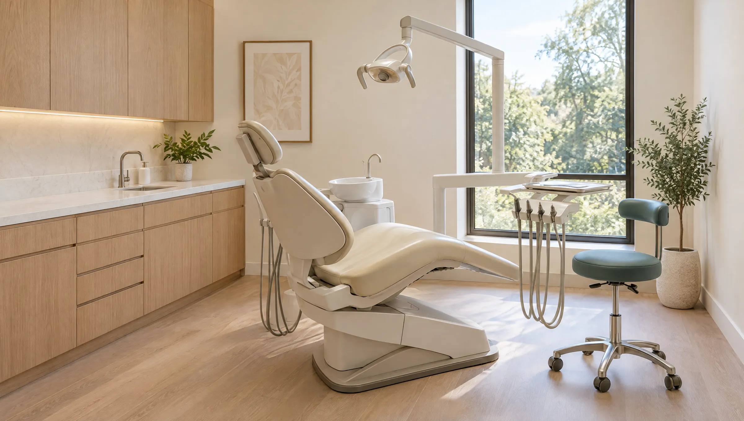 A quiet treatment room with a cream dental chair and a large window