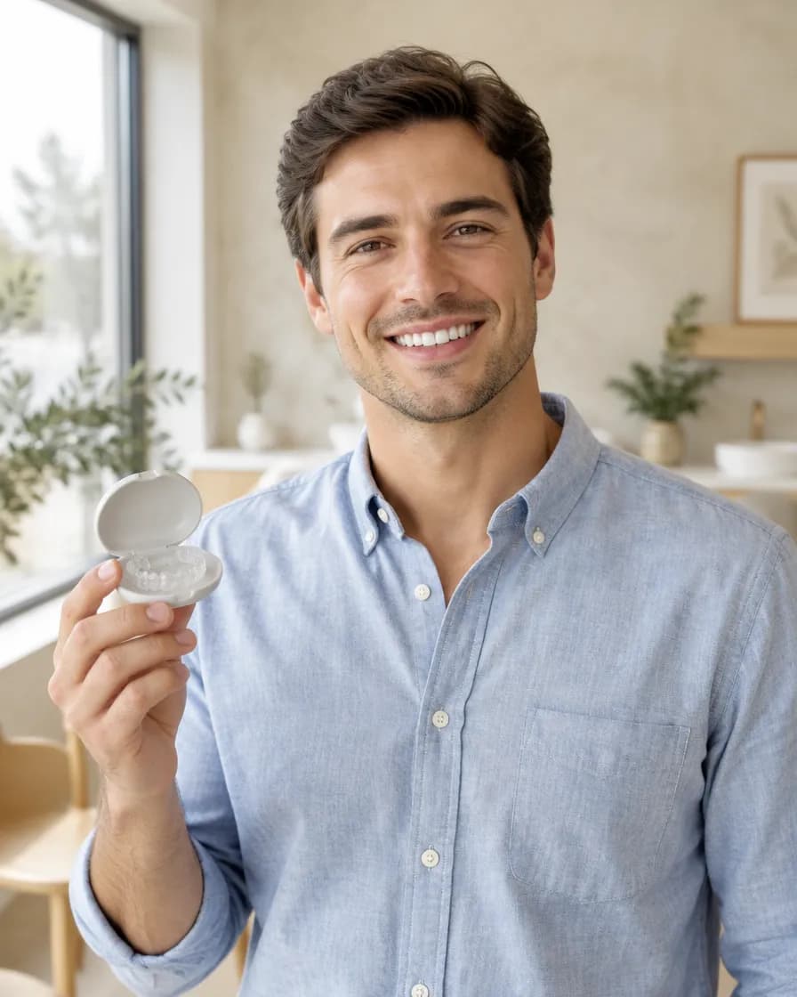 A young man smiling and holding a clear aligner case