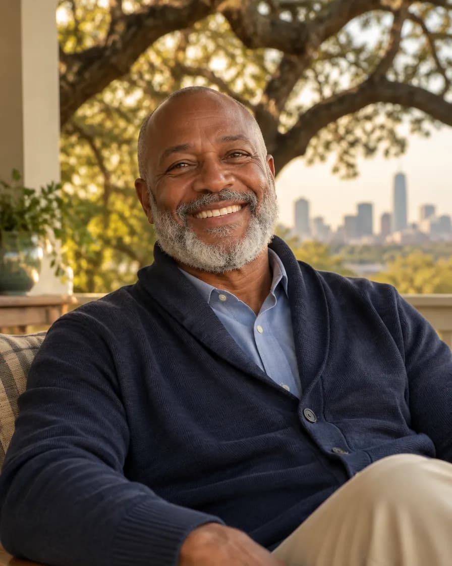 An older man with a grey beard smiling on a porch under a live oak