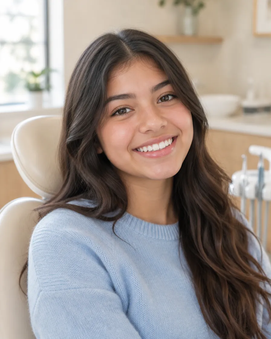 A smiling teenage girl in a sky-blue sweater in the dental studio